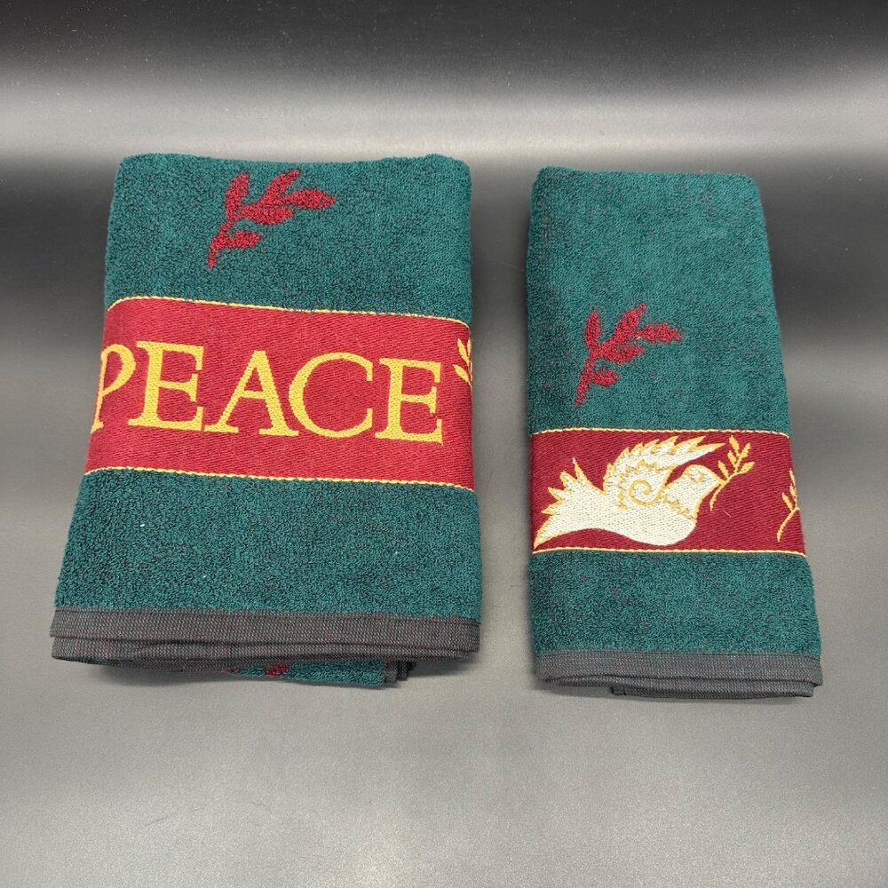 Vintage Christmas Bath Towel Hand Towel Set 1990s Santens USA Peace Dove Cotton - Picture 2 of 8